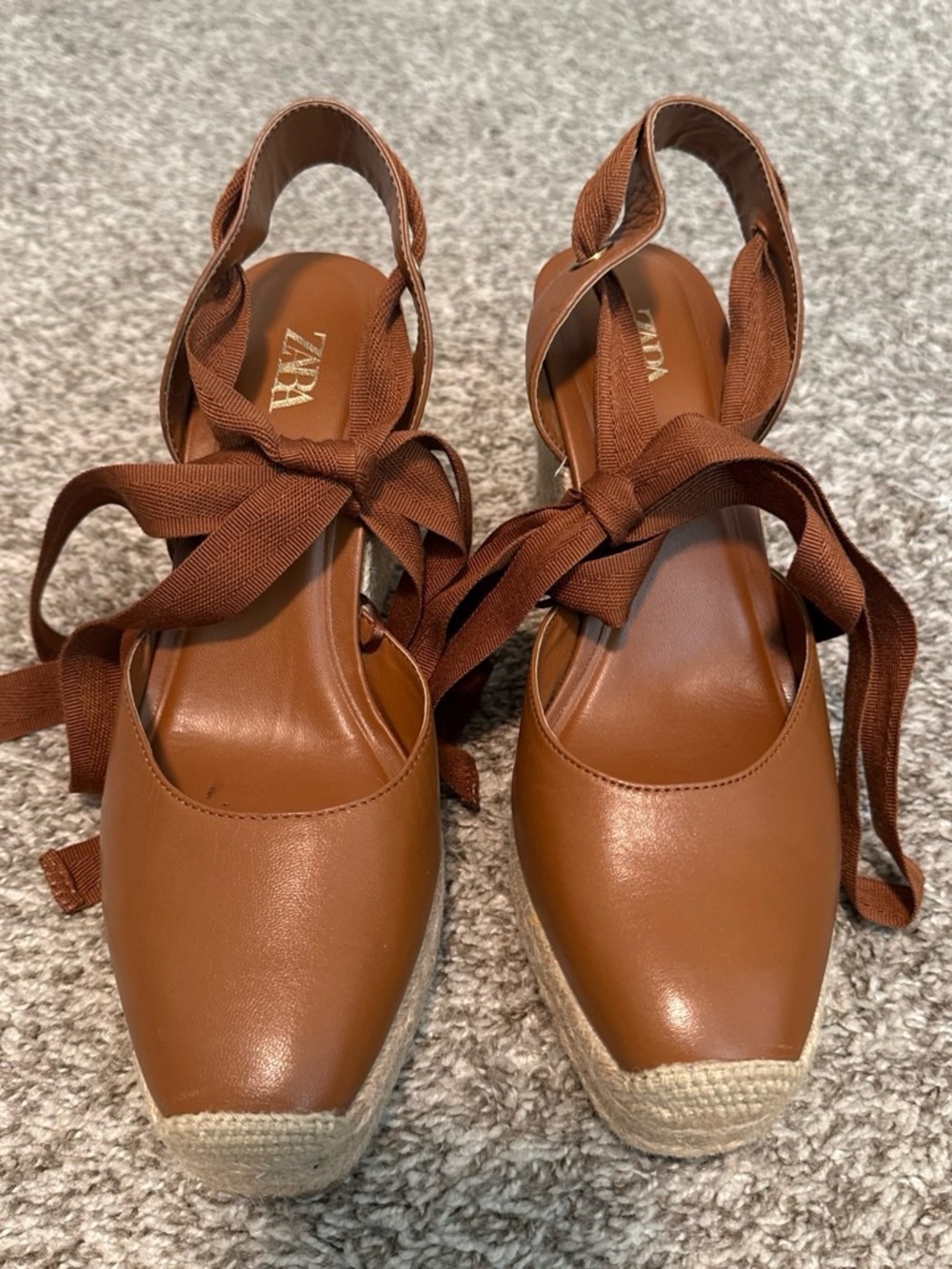 Zara Tan Leather Espadrille Wedge with Ankle Tie